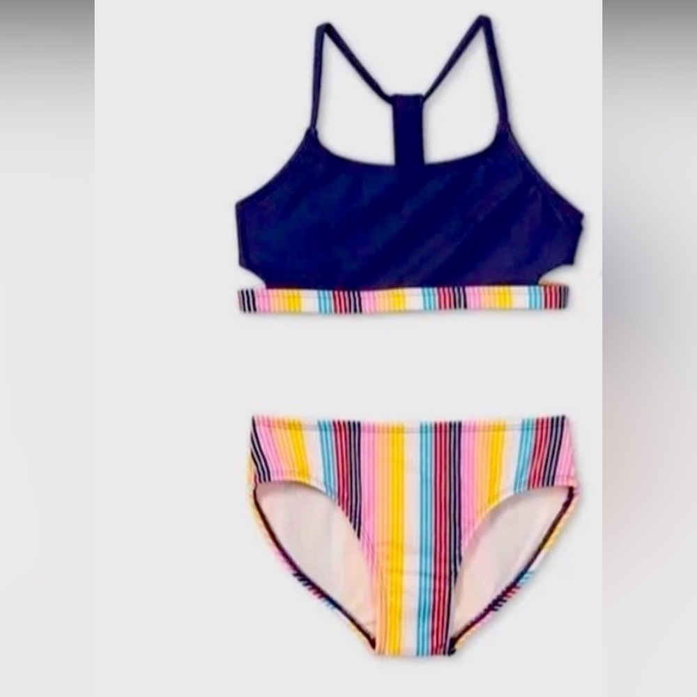 GIRLS art class navy blue rainbow striped 2 piece swimsuit set tankini top brief